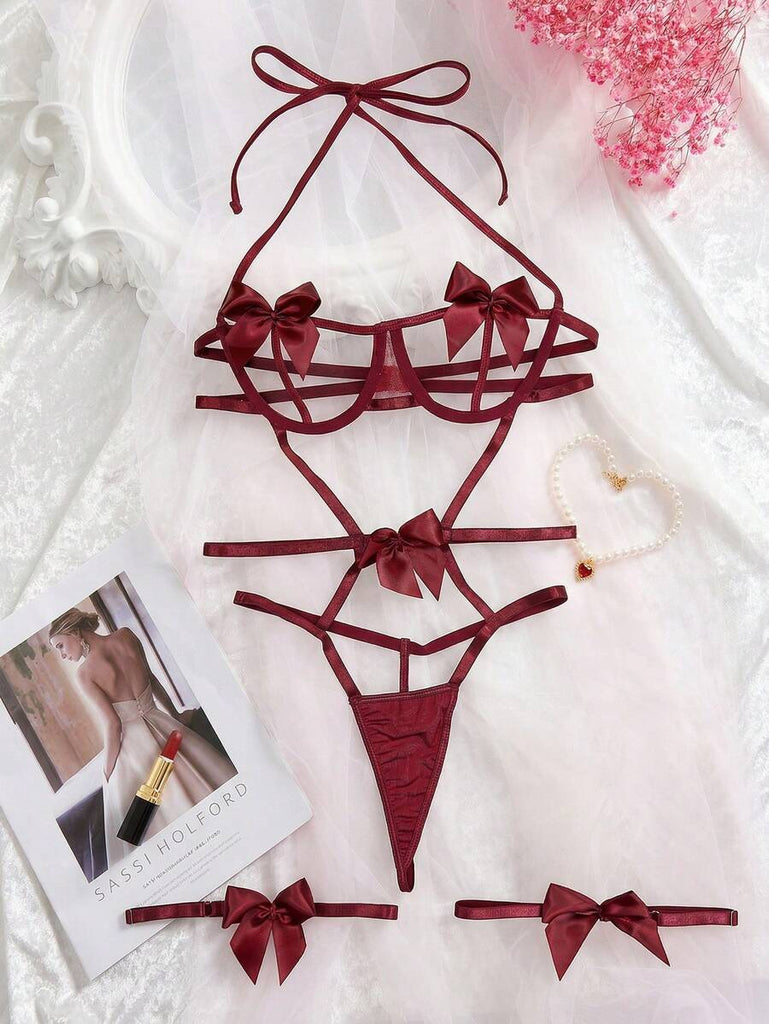 Hollow Out Bowknot Jumpsuit, Bad Girl Style With 1 Pair Of Leg Garter
