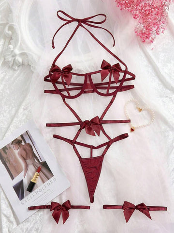Hollow Out Bowknot Jumpsuit, Bad Girl Style With 1 Pair Of Leg Garter